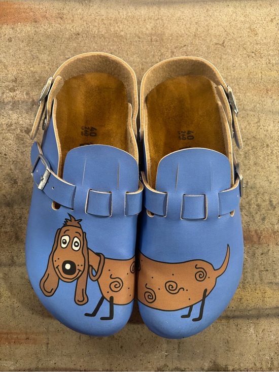 Birkenstock Shoes - Birkenstock Women’s Blue Clogs with Brown Dog Graphic